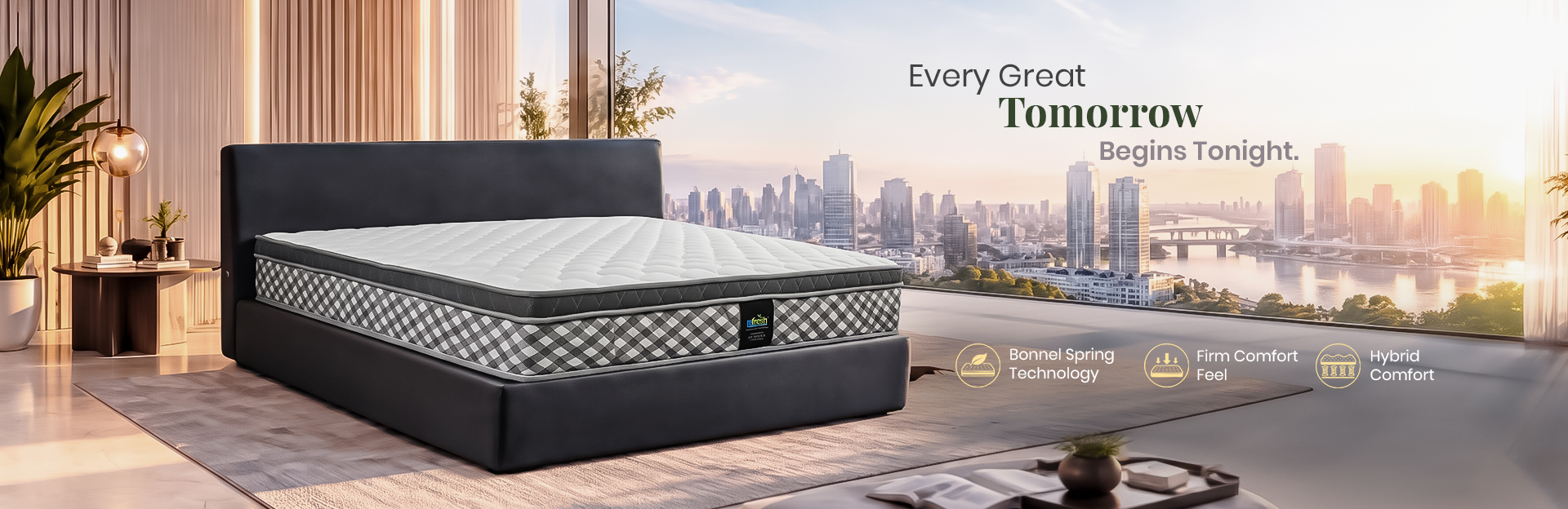 Every great tomorrow begins tonight – Refresh hybrid mattress with Bonnel spring technology and firm comfort feel in a modern bedroom
